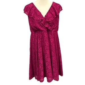 EUC Torrid Magenta Berry Pink Lace Ruffle V-Neck Dress Plus Size 2 Mini Spring
